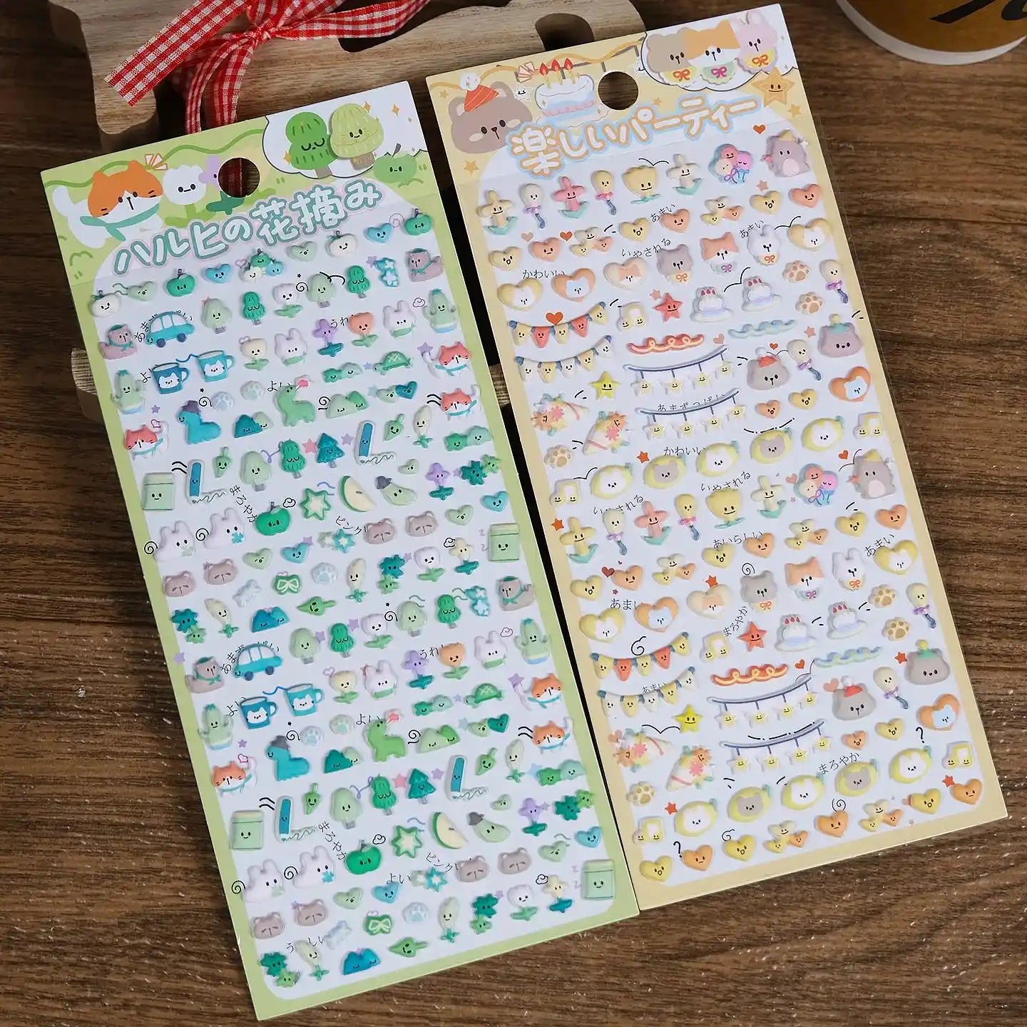 Collection of two 3D puffy sticker sheets: green nature animals and yellow party-themed designs, self-adhesive PVC epoxy stickers