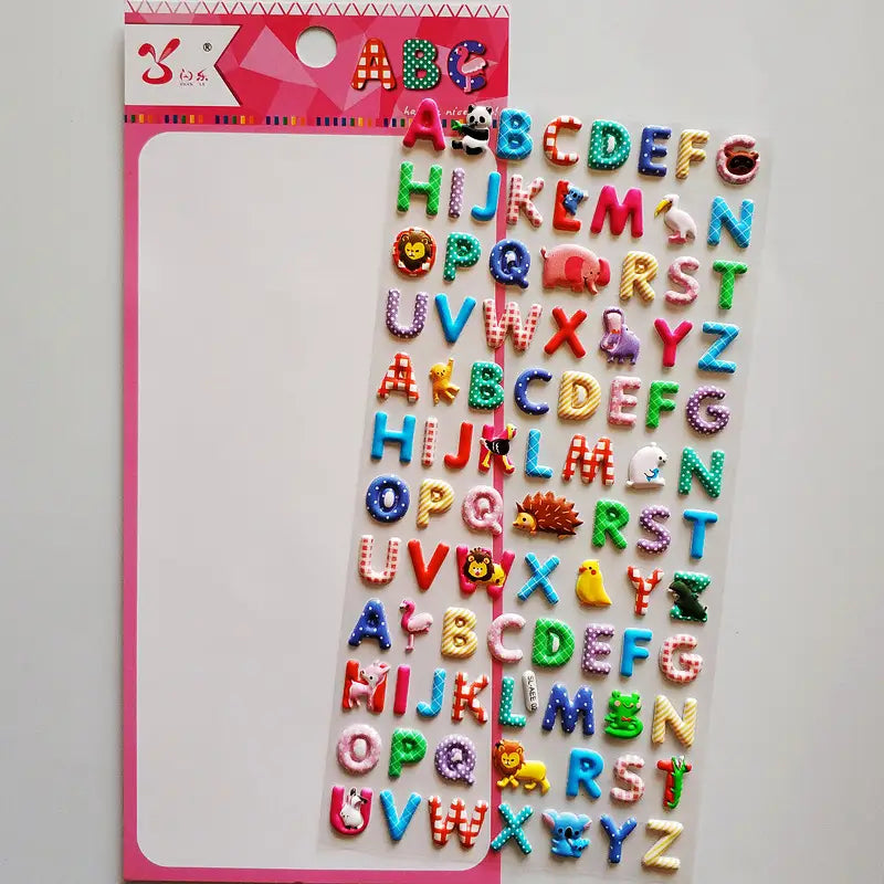 Product display of wild animal-themed 3D alphabet stickers, showing material (PVC/epoxy resin) and packaging size (200×95mm).