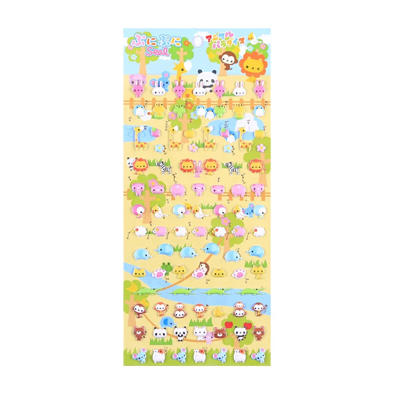 Full sheet display of 3D puffy "Animal Parade" stickers with cute zoo animal designs (panda, lion, giraffe, etc.), self-adhesive PVC epoxy resin stickers for DIY crafts