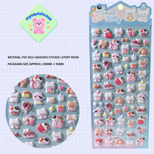 Adorable sweet kitty family-themed 3D epoxy stickers. Perfect for decorating phone cases, laptops, and DIY crafts. Cute kawaii cat animal character decals.