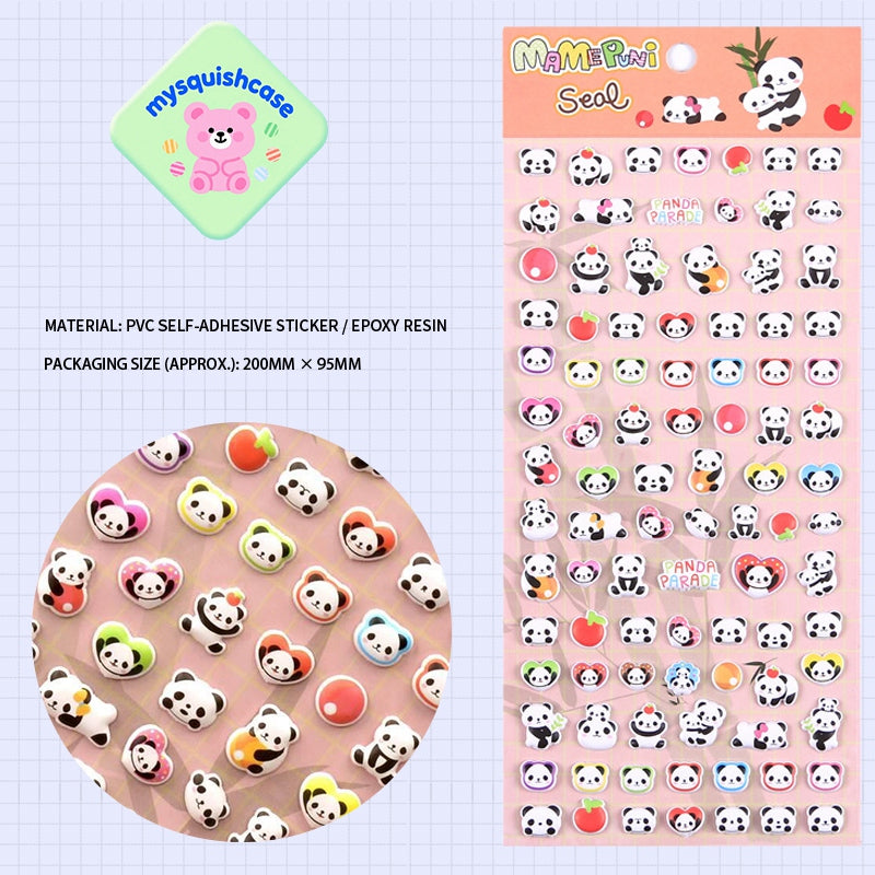 Adorable panda parade-themed 3D bubble gum stickers featuring cute creatures. Perfect for decorating phone cases, laptops, and crafts. Kawaii panda animal character decals.