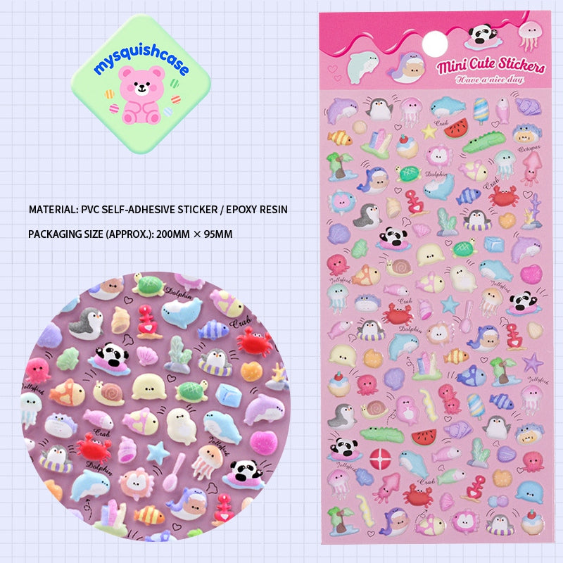 Adorable marine party-themed 3D bubble gum stickers featuring cute creatures. Perfect for decorating phone cases, laptops, and crafts. Kawaii ocean character decals.