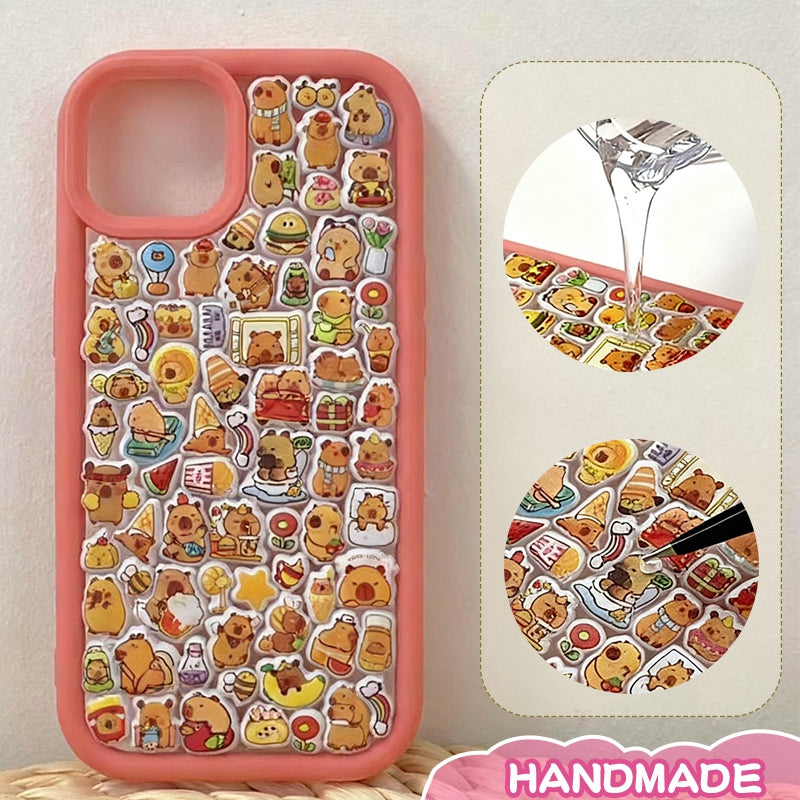 Adorable handmade kawaii bear sticker collage iPhone case with clear design. Unique transparent phone cover featuring cute bear stickers. Durable protection with playful charm for your iPhone.