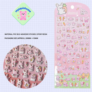 Adorable bunny sweet heart party-themed 3D bubble gum stickers. Perfect for decorating phone cases, laptops, and crafts. Kawaii rabbit animal character decals.