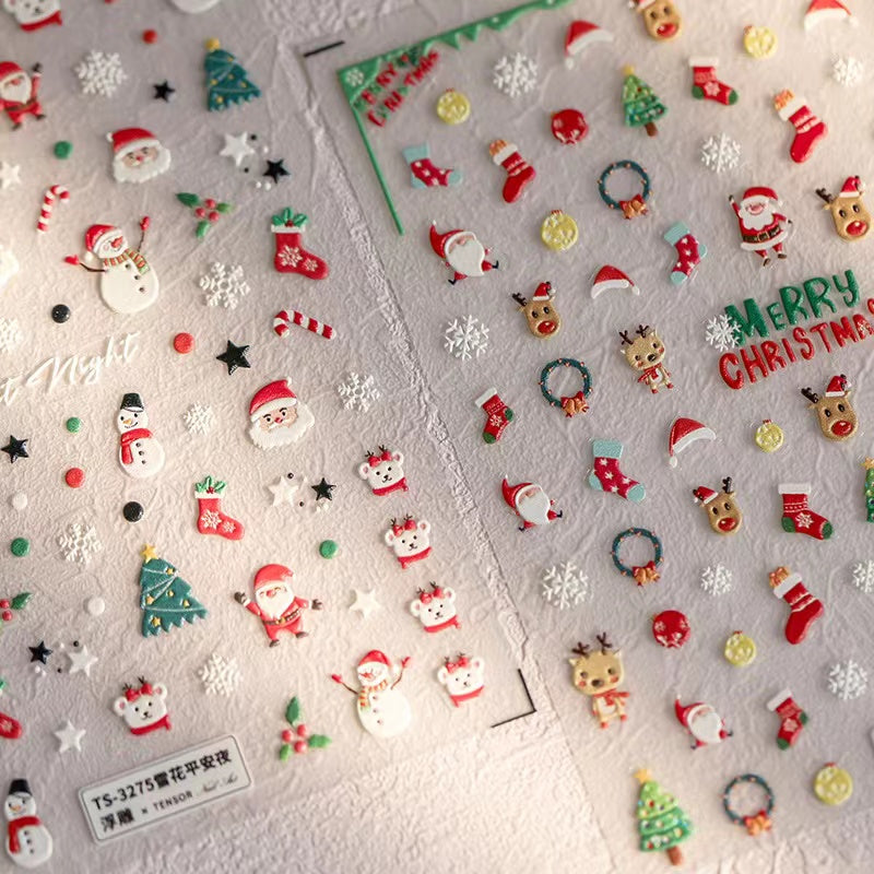 3D Embossed Christmas Nail Stickers (Santa Claus, Reindeer & Snowman)
