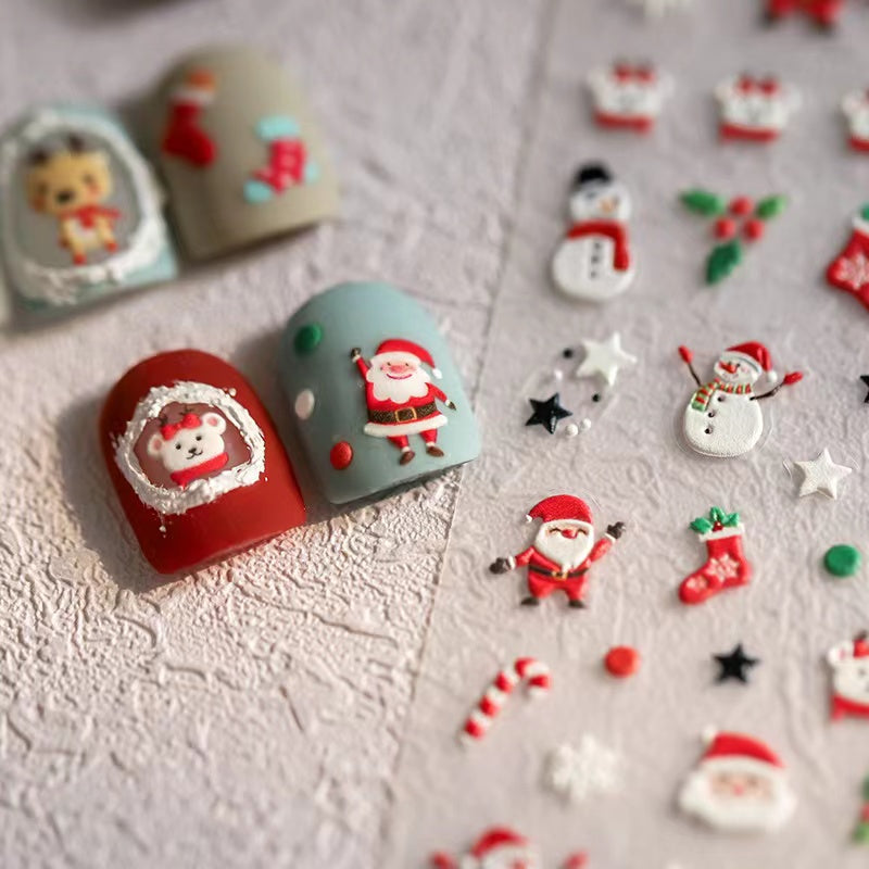 3D Embossed Christmas Nail Stickers (Santa Claus, Reindeer & Snowman)
