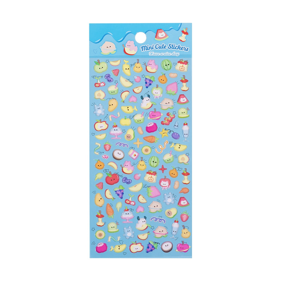 Adorable fruit party-themed 3D bubble gum stickers featuring cute creatures. Perfect for decorating phone cases, laptops, and crafts. Kawaii fruit character decals.