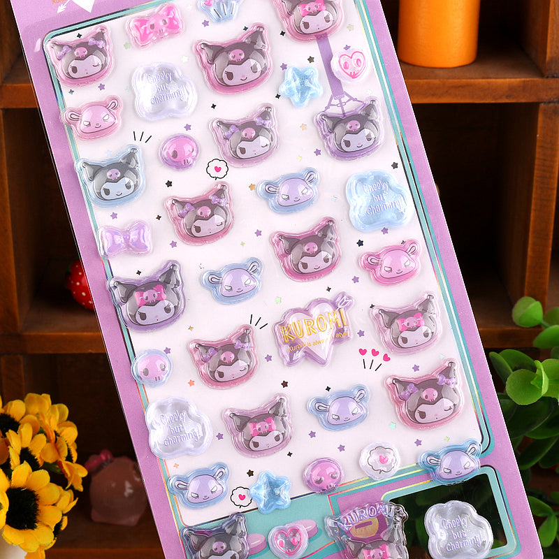Adorable Kuromi-themed 3D epoxy stickers perfect for DIY phone cases and crafts. High-quality self-adhesive kawaii Sanrio stickers for creative personalization!