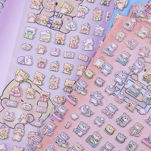 Adorable bear baking-themed 3D bubble gum stickers featuring cute creature paradise designs. Perfect for decorating phone cases, laptops & journals. Soft rubber kawaii stickers.