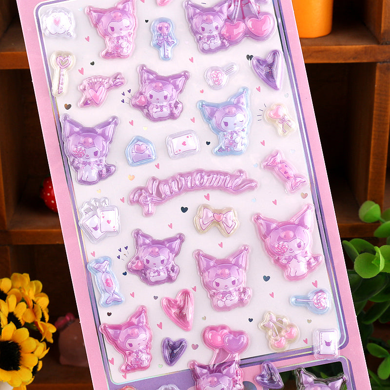 Adorable Kuromi sweet magic themed 3D epoxy stickers perfect for DIY phone cases and crafts. High-quality self-adhesive kawaii Sanrio stickers for personalization!