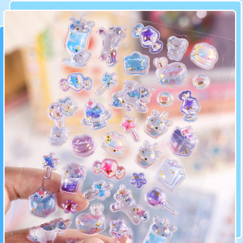 Magical iridescent unicorn-themed 3D epoxy stickers featuring adorable creatures. Perfect for decorating phone cases, laptops, and crafts. Holographic kawaii fantasy decals.