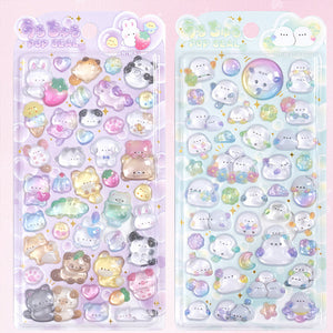 Adorable iridescent cloud creature themed 3D epoxy stickers perfect for DIY phone cases and crafts. High-quality self-adhesive kawaii stickers for personalization!