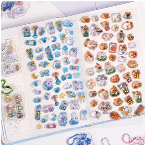 Adorable warm food party-themed 3D epoxy stickers featuring cute creatures. Perfect for decorating phone cases, laptops, and DIY crafts. Kawaii food character decals.