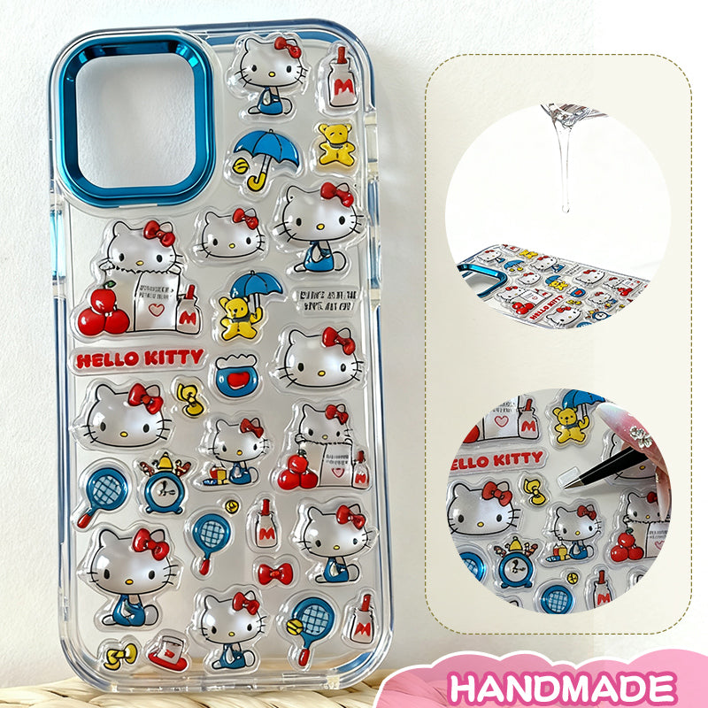  Adorable Hello Kitty clear phone case with blue trim for iPhone. Transparent Sanrio design, protective & stylish. Perfect kawaii accessory for Hello Kitty fans. Custom cute case!