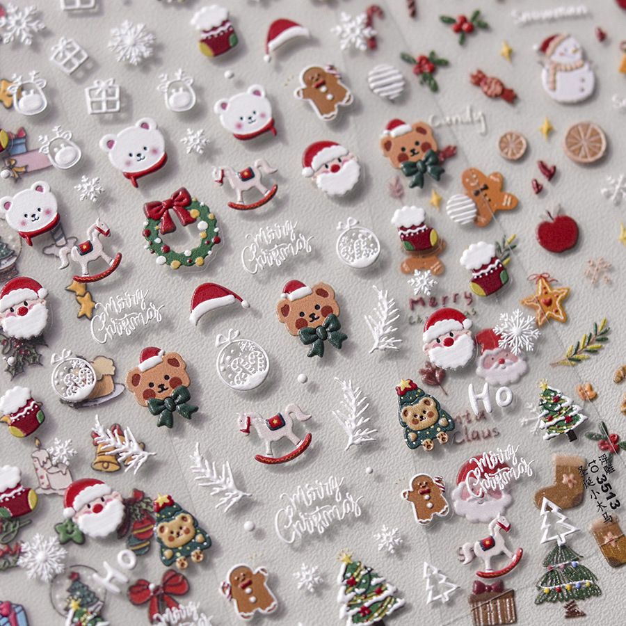 Cute 5D Christmas Nail Stickers (Christmas Tree, Little White Bear, Gingerbread Man) - Tomoni Adhesive Nail Decorations
