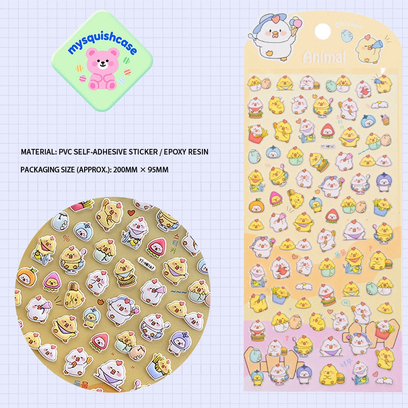 Adorable chicken-themed 3D bubble gum stickers with fun party designs. Perfect for decorating phone cases, laptops & journals. Soft rubber kawaii animal stickers.