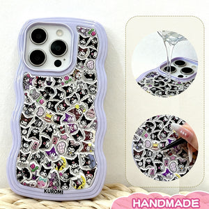Adorable handmade kawaii Kuromi sticker collage iPhone case with clear design. Unique transparent phone cover featuring cute Kuromi stickers. Durable protection with Sanrio charm for your iPhone.