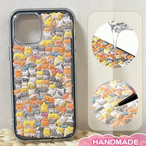 Adorable handmade kawaii cat sticker collage iPhone case with clear design. Unique transparent phone cover featuring cute cat stickers. Durable protection with playful feline charm for your iPhone.