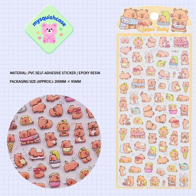 Adorable capybara cute social-themed 3D bubble gum stickers with fun designs. Perfect for decorating phone cases, laptops & journals. Soft rubber kawaii stickers.