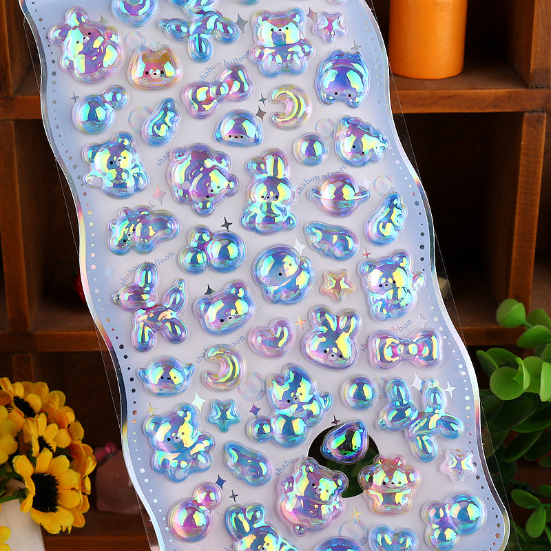 Playful 3D holographic cartoon stickers perfect for DIY phone cases and crafts. High-quality self-adhesive kawaii stickers add iridescent cuteness to projects!