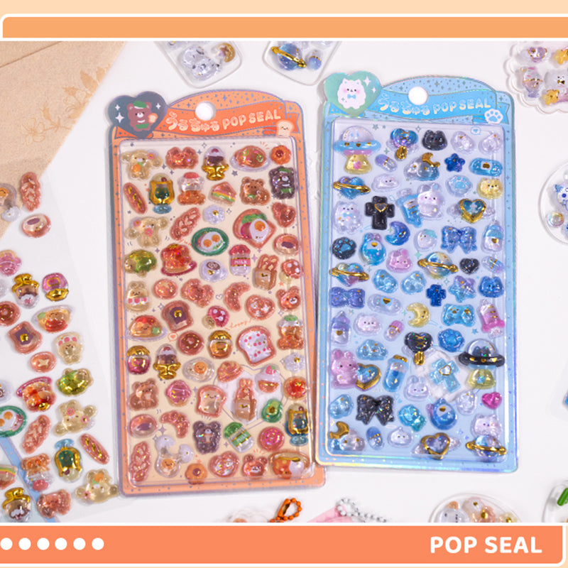 Stunning iridescent space-themed 3D epoxy stickers featuring adorable creatures. Perfect for decorating phone cases, laptops, and crafts. Holographic kawaii galaxy character decals.