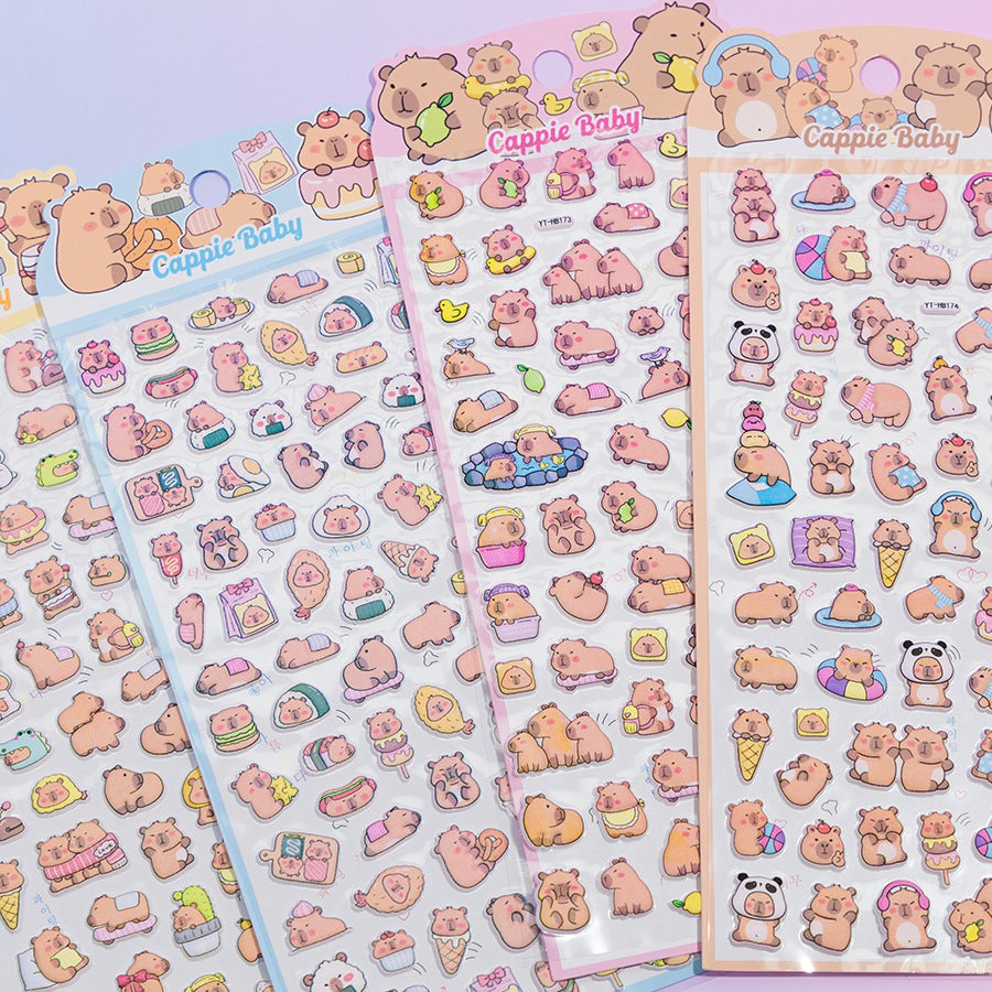  Adorable capybara foodie-themed 3D bubble gum stickers with cute designs. Perfect for decorating phone cases, laptops & journals. Soft rubber kawaii stickers.