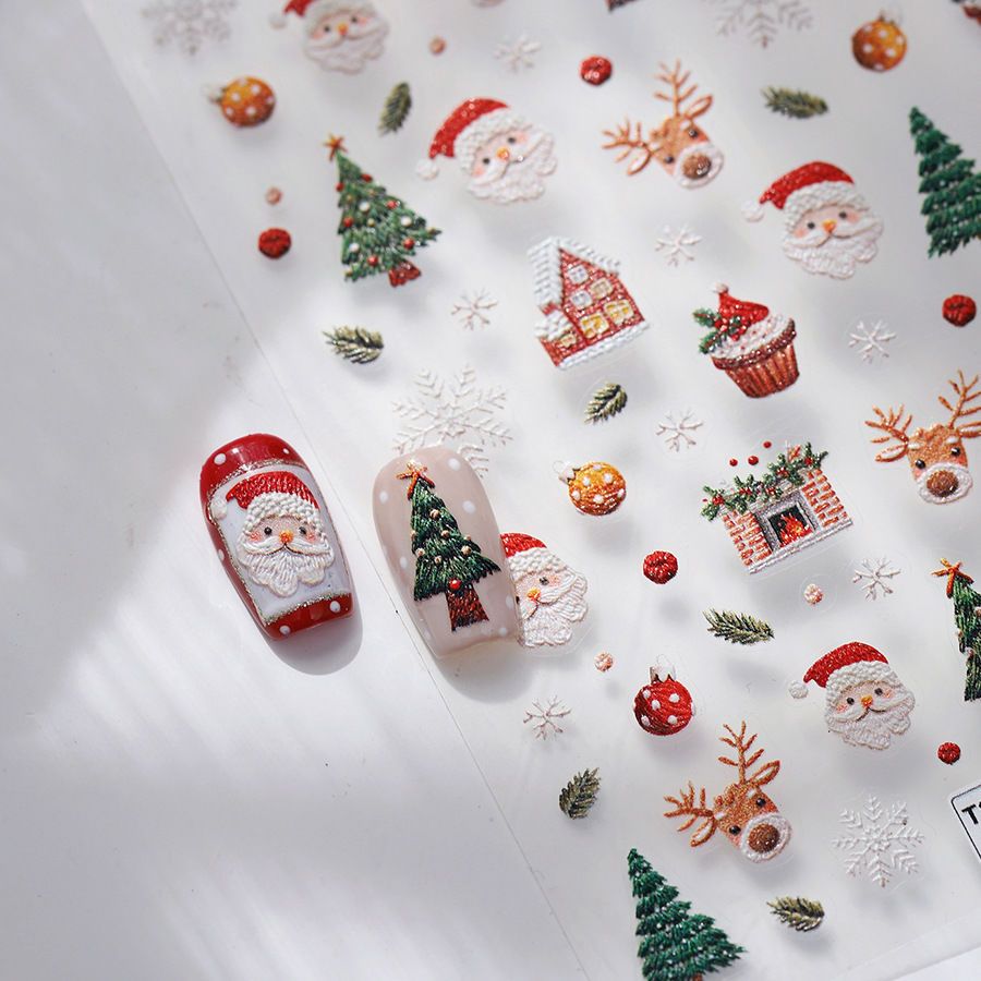 New Christmas Embossed Nail Stickers with Cute Elk, Gingerbread Man and Snowman Patterns
