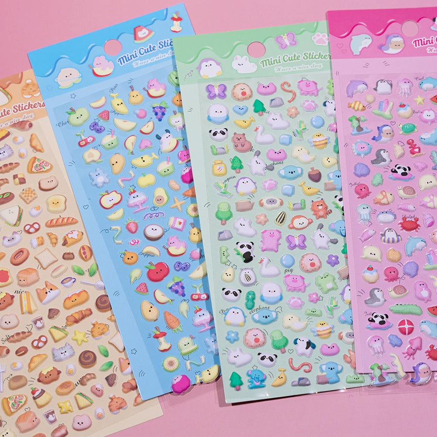 Adorable fruit party-themed 3D bubble gum stickers featuring cute creatures. Perfect for decorating phone cases, laptops, and crafts. Kawaii fruit character decals.