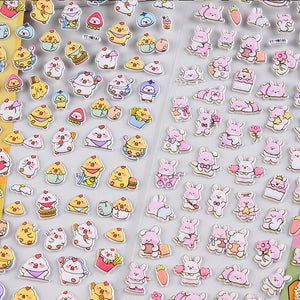 Adorable bunny sweet heart party-themed 3D bubble gum stickers. Perfect for decorating phone cases, laptops, and crafts. Kawaii rabbit animal character decals.