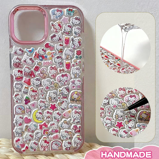 Handmade Hello Kitty Cartoon Sticker Clear Phone Case - Cute Kawaii Design