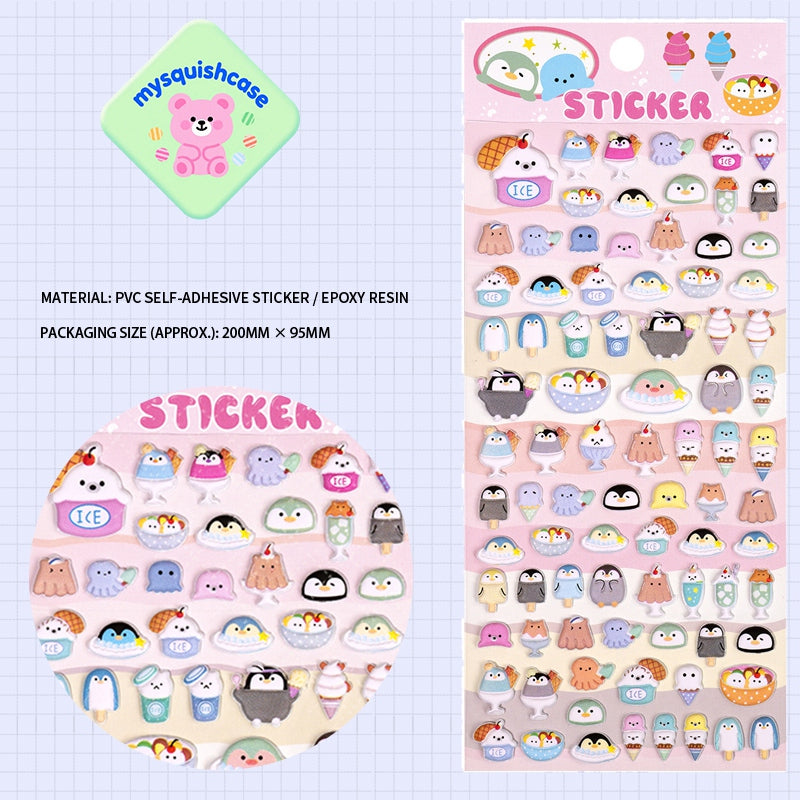 Adorable penguin ice treats-themed 3D bubble gum stickers with cute designs. Perfect for decorating phone cases, laptops & journals. Soft rubber kawaii stickers.