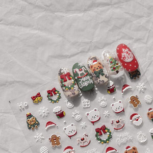 Cute 5D Christmas Nail Stickers (Christmas Tree, Little White Bear, Gingerbread Man) - Tomoni Adhesive Nail Decorations
