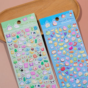 Adorable fruit party-themed 3D bubble gum stickers featuring cute creatures. Perfect for decorating phone cases, laptops, and crafts. Kawaii fruit character decals.