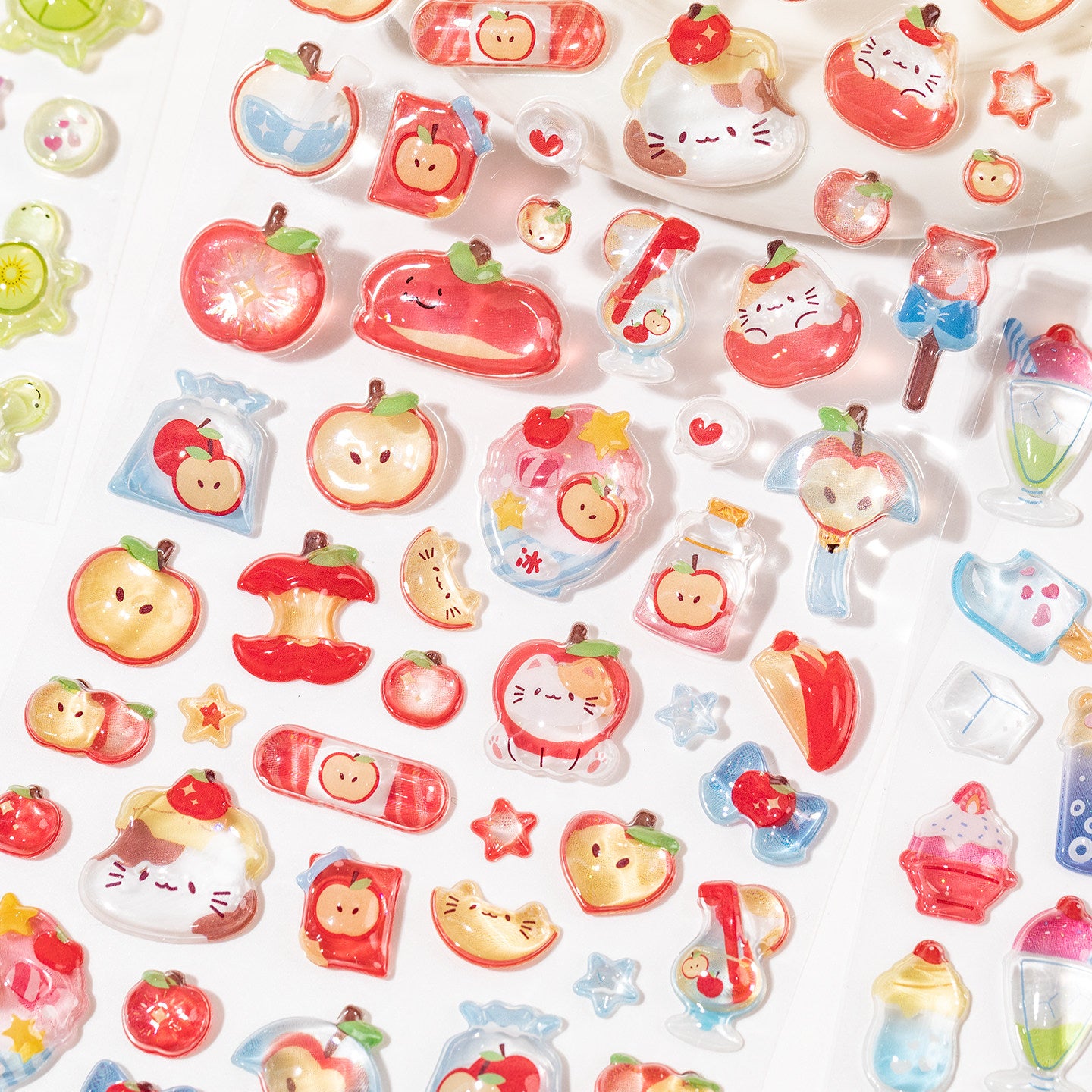 Sweet Apple Orchard 3D Resin Stickers | Cute Cat & Fruit Decorative Decals - mysquishcase