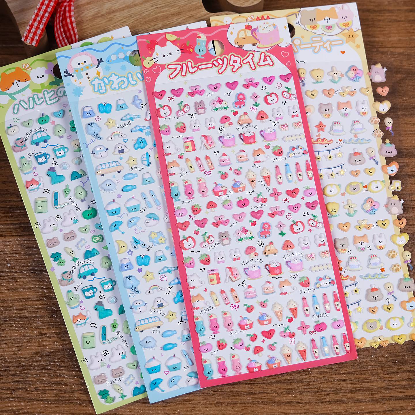 Adorable fruit sweet heart-themed 3D bubble gum stickers featuring cute creatures. Perfect for decorating phone cases, laptops, and crafts. Kawaii fruit character decals.
