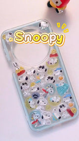Handcrafted clear ice blue phone case filled with a dense 3D collage of glossy, holographic aurora bubble ghost bird charms reflecting colorful rainbow light.