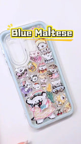 Handcrafted clear ice blue phone case filled with a dense 3D collage of glossy, holographic aurora Maltese dog charms reflecting colorful rainbow lights under the sunshine.