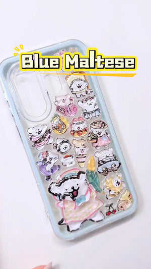 Handcrafted clear ice blue phone case filled with a dense 3D collage of glossy, holographic aurora Maltese dog charms reflecting colorful rainbow lights under the sunshine.