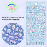3D embossed bubble sticker sheet with cute blue rabbit & cloud patterns, PVC self-adhesive, size 200×95mm