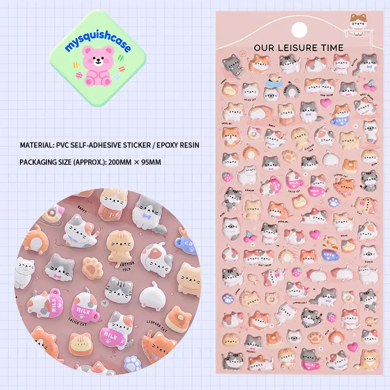 3D embossed bubble sticker sheet with cute cat patterns (calico, tabby, etc.), PVC self-adhesive, size 200×95mm
