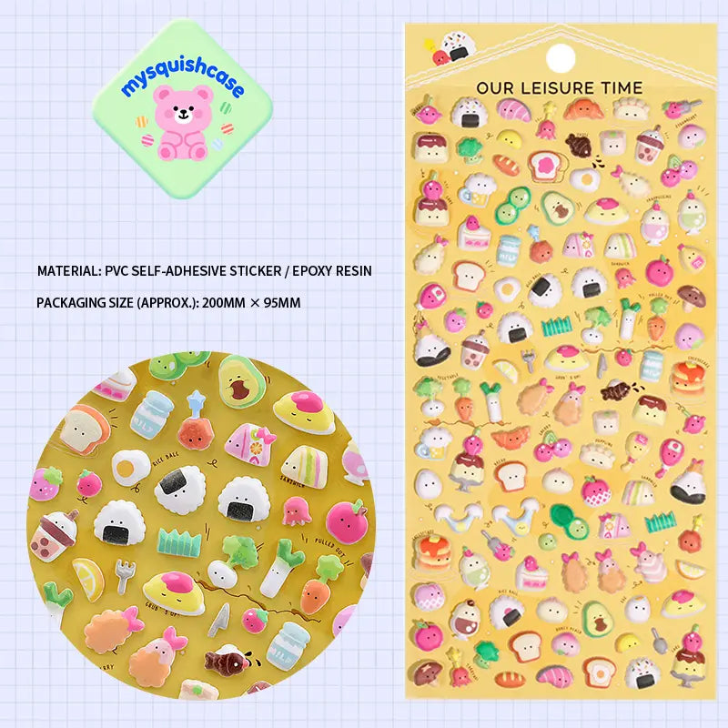 3D embossed bubble sticker sheet with cute food & snack patterns, PVC self-adhesive, size 200×95mm
