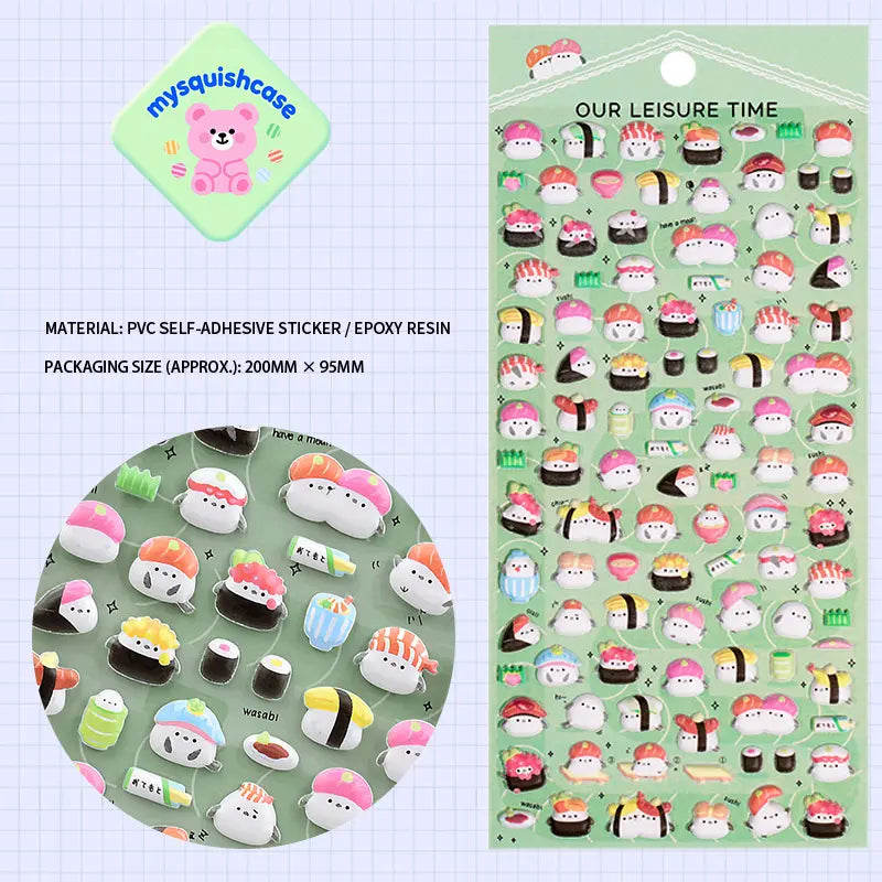 3D embossed bubble sticker sheet with cute sushi characters, PVC self-adhesive, size 200×95mm