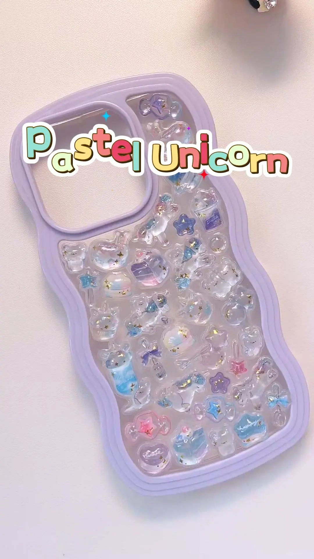 Handcrafted phone case with a soft lavender purple border filled with a dense 3D collage of glossy, transparent caramel pudding cups, cream desserts, and red cherries.