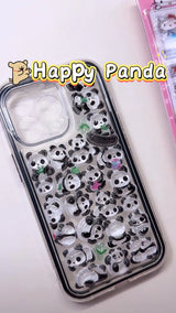 Handcrafted phone case with a clear black border filled with a dense 3D collage of glossy, transparent cartoon giant panda charms and green bamboo leaves.