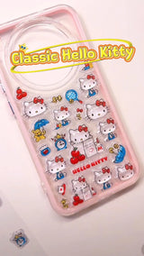 Handcrafted clear pastel pink phone case featuring a dense 3D collage of classic Hello Kitty cartoon charms, red apples, and blue umbrellas.