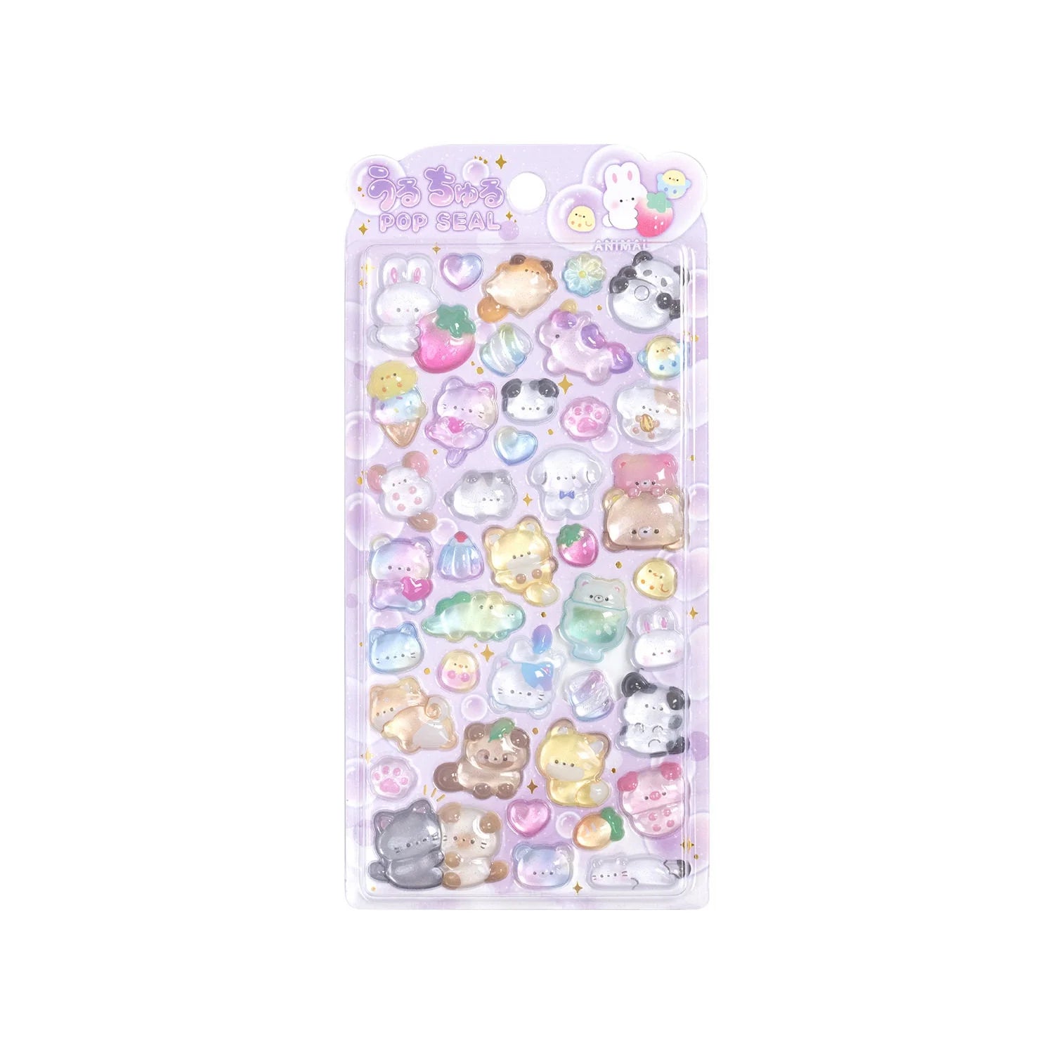 A full sheet of 3D puffy animal stickers featuring pandas, bunnies, and unicorns with a glossy jelly finish for DIY crafting.