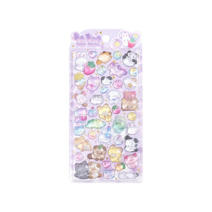 A full sheet of 3D puffy animal stickers featuring pandas, bunnies, and unicorns with a glossy jelly finish for DIY crafting.