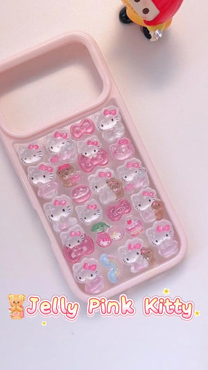 Handcrafted phone case with a pastel pink frame filled with a dense 3D collage of glossy, semi-transparent Hello Kitty charms, pink bows, and cherries.