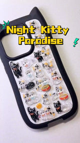 3D Cute Night Kitty Paradise Phone Case | Matte Black Cat Ear Kawaii Cover
