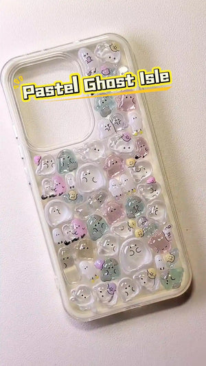 【0802】3D Ghost Dream Phone Case | Pastel Pink & White Kawaii Spooky Charm Clear Cover - mysquishcase